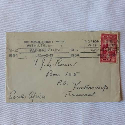 Postal cover from Ashburton, New Zealand to Transvaal, South Africa with 1d New Zealand stamp - 1934