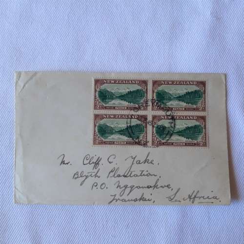 Postal cover from Greymouth, New Zealand to Transkei, South Africa with 1/2d block stamps - 1945