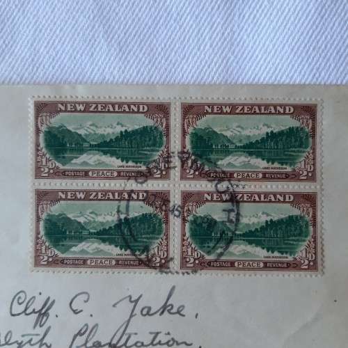 Postal cover from Greymouth, New Zealand to Transkei, South Africa with 1/2d block stamps - 1945