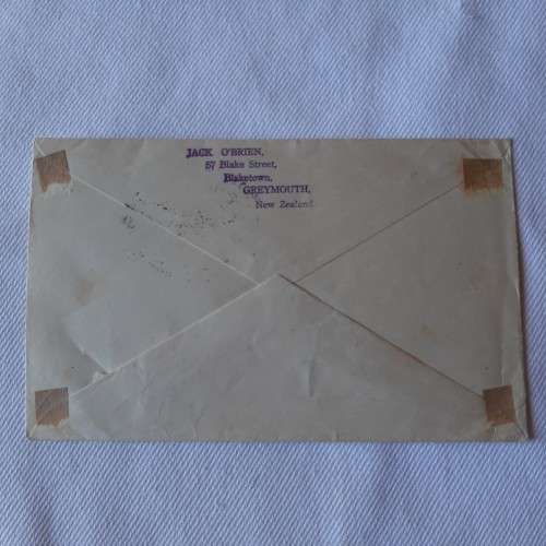 Postal cover from Greymouth, New Zealand to Transkei, South Africa with 1/2d block stamps - 1945