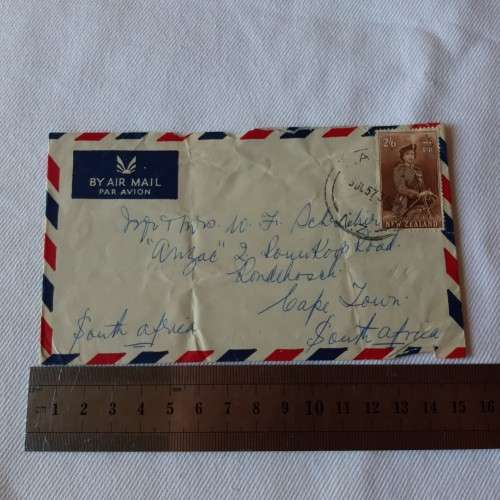Airmail cover from New Zealand to Cape Town, South Africa with 2/6 New Zealand stamp - 5 July 1957