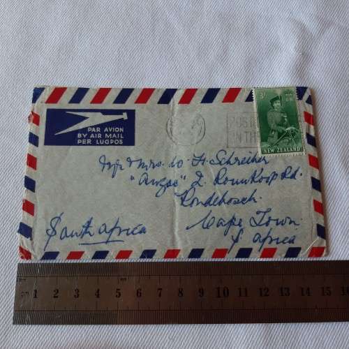 Airmail cover from Hastings, New Zealand to Cape Town, South Africa with 3/- New Zealand stamp