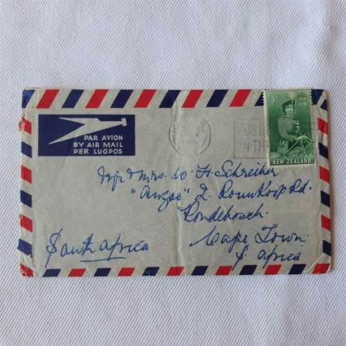 Airmail cover from Hastings, New Zealand to Cape Town, South Africa with 3/- New Zealand stamp