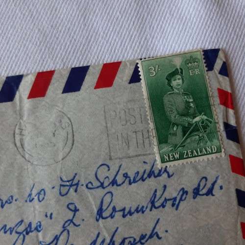 Airmail cover from Hastings, New Zealand to Cape Town, South Africa with 3/- New Zealand stamp