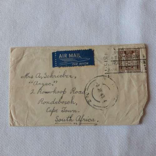 Airmail cover from New Zealand to Cape Town, South Africa with New Zealand 2 shilling and sixpence