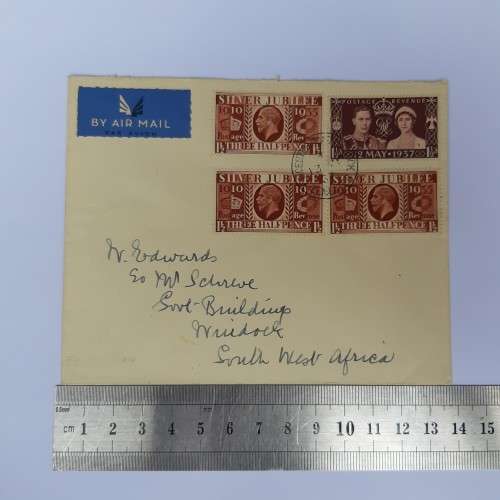 Airmail cover from Leicester, England to Windhoek, SWA with 4x 1 1/2d British stamps - 13 May 1937