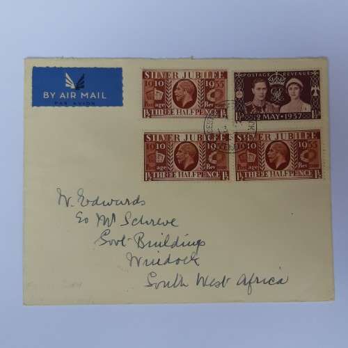 Airmail cover from Leicester, England to Windhoek, SWA with 4x 1 1/2d British stamps - 13 May 1937