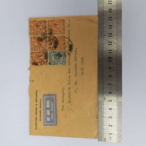 Airmail cover from London, England to Cape Town, South Africa - 26 June 1934 with 6 British stamps