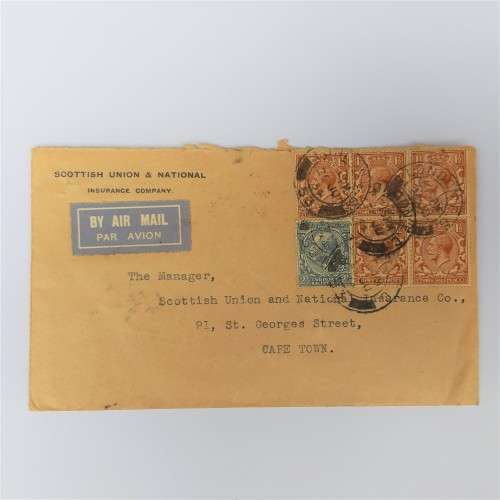 Airmail cover from London, England to Cape Town, South Africa - 26 June 1934 with 6 British stamps