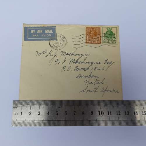 Airmail cover from London, England to Natal, South Africa - 27 August 1929 - With 5 1/2 rated stamps