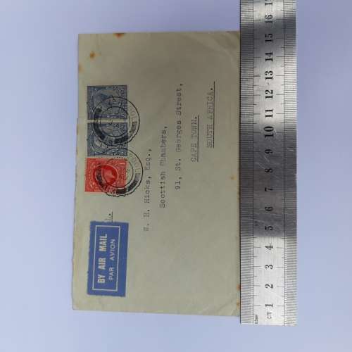 Airmail cover from Liverpool, England to Cape Town, South Africa with 3 British stamps