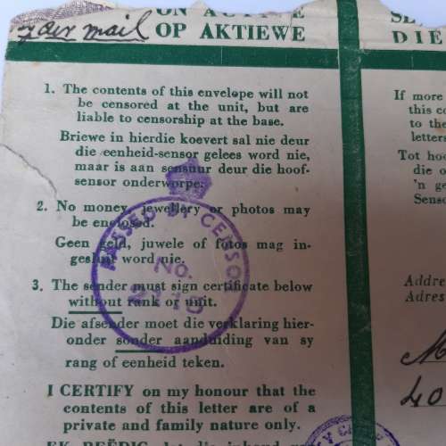 An active service cover posted to Cape Town, South Africa  with tenpence stamp - Passed by censor