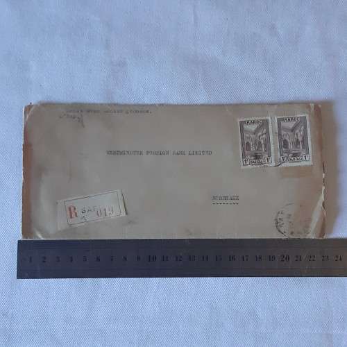 Registered postal cover from SAFI, Morocco to Bordeaux, France with 2x 1F Moroccan stamps