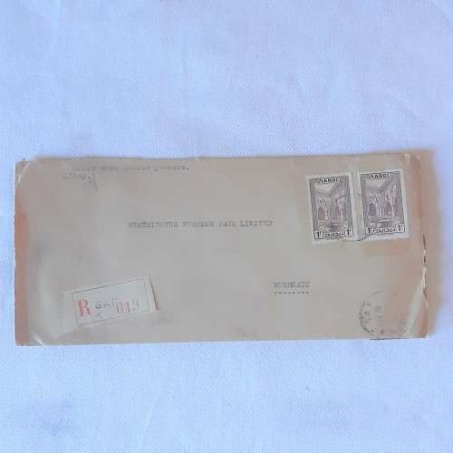 Registered postal cover from SAFI, Morocco to Bordeaux, France with 2x 1F Moroccan stamps