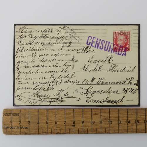 Censored photo postcard Spain to England with Spanish stamp cancelled 1937 - Spanish Civil War Era
