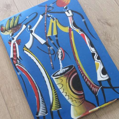 African art oil painting - Women making porridge - Size 63 x 44 cm