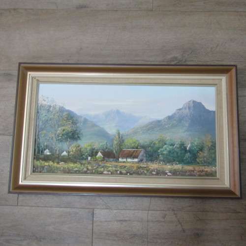 Pat van der Merwe landscape oil painting - size of art 30 x 49cm and size of frame 43 x 73cm