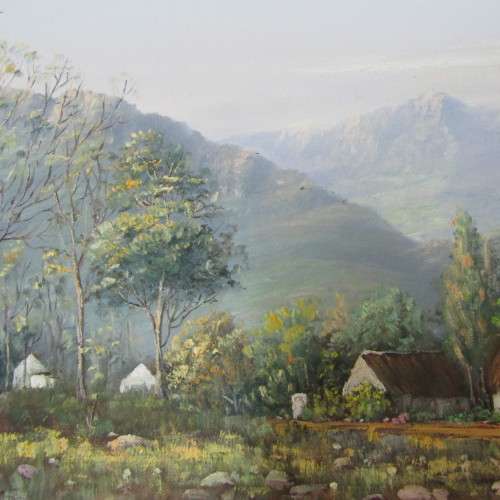 Pat van der Merwe landscape oil painting - size of art 30 x 49cm and size of frame 43 x 73cm