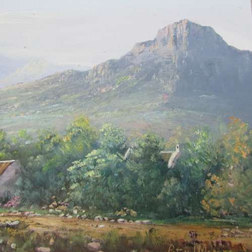 Pat van der Merwe landscape oil painting - size of art 30 x 49cm and size of frame 43 x 73cm