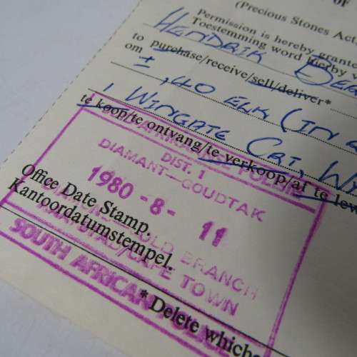 1980 Permit to Receive rough or uncut diamonds