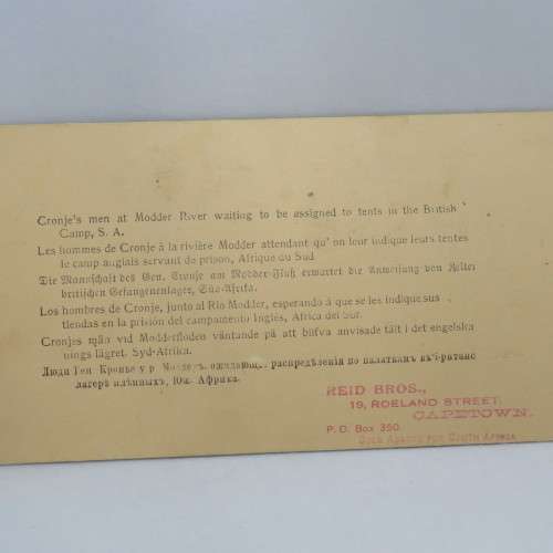 Boer War stereoscope card #68 - Cronje`s men at Modder River Prison camp