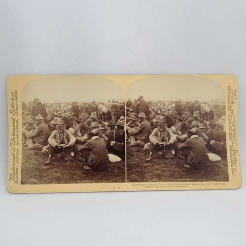 Boer War stereoscope card #68 - Cronje`s men at Modder River Prison camp