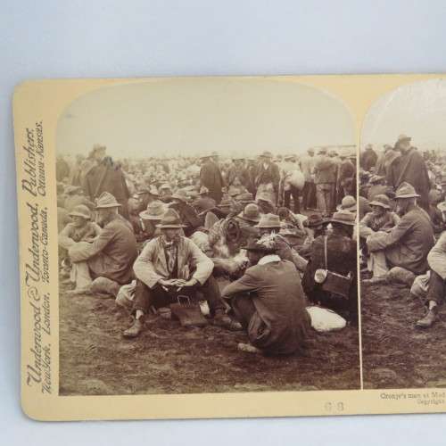 Boer War stereoscope card #68 - Cronje`s men at Modder River Prison camp