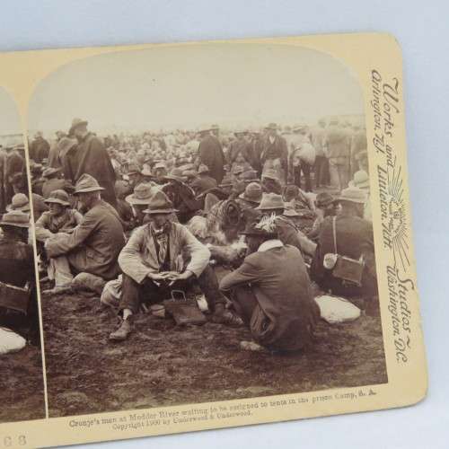 Boer War stereoscope card #68 - Cronje`s men at Modder River Prison camp