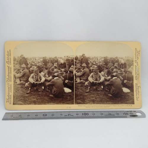Boer War stereoscope card #68 - Cronje`s men at Modder River Prison camp