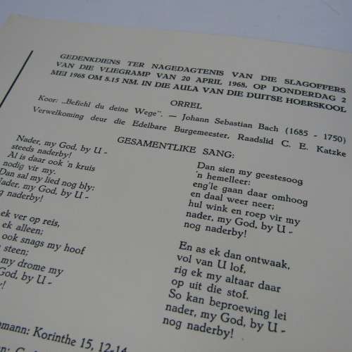 Original Memorial service booklet for Windhoek Air Disaster 20 April 1968 of SA Airways flight 228