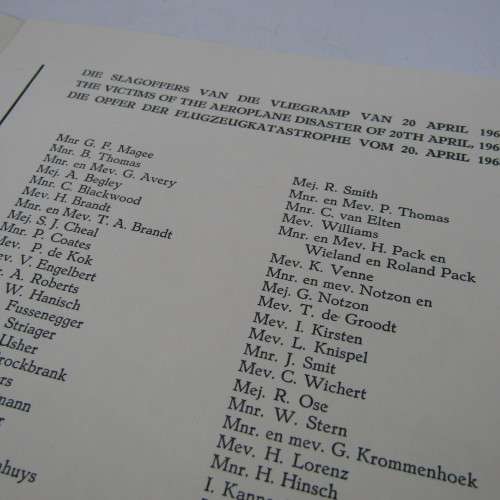 Original Memorial service booklet for Windhoek Air Disaster 20 April 1968 of SA Airways flight 228