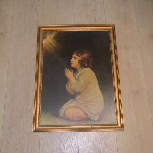 Antique picture with frame - Small child Praying - Sizes in description