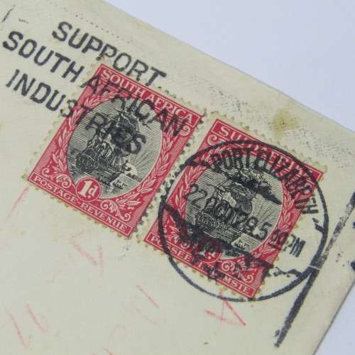 Meter Franking Port Elizabeth to India via Coromandel with two South African stamps