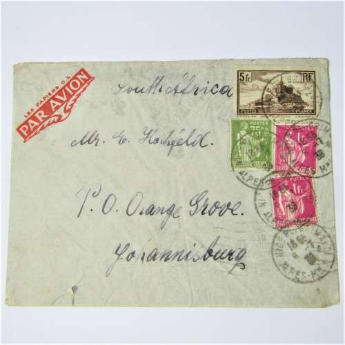 French airmail cover to Johannesburg with four French stamps and five Nice 6 July 1938