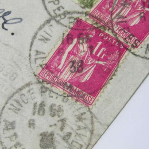 French airmail cover to Johannesburg with four French stamps and five Nice 6 July 1938