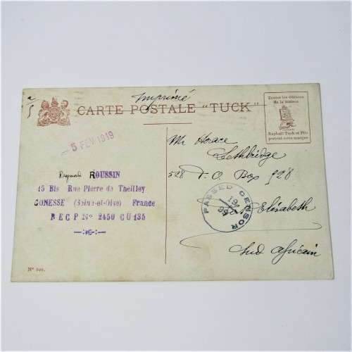 Paris censor postcard to South Africa with a French stamp and two Paris 23 Feb 1919 cancellations