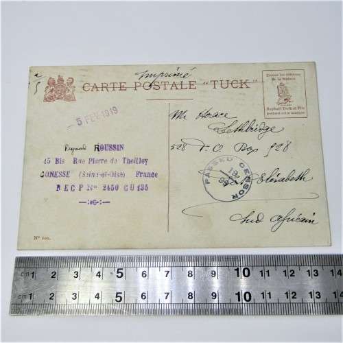 Paris censor postcard to South Africa with a French stamp and two Paris 23 Feb 1919 cancellations