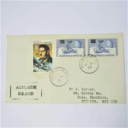 Antarctic Territory cover with  2 x 12 p overstamp and 2p stamp, used Adelaide Island to England