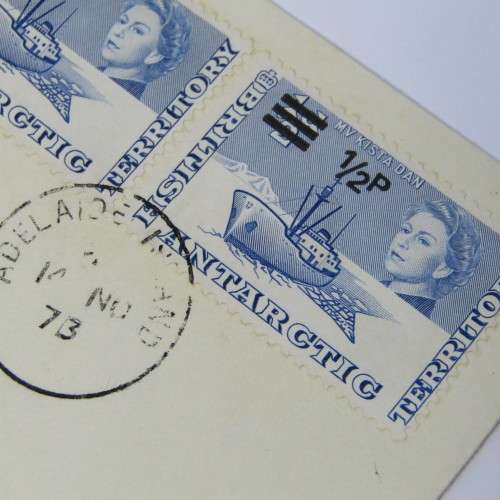 Antarctic Territory cover with  2 x 12 p overstamp and 2p stamp, used Adelaide Island to England