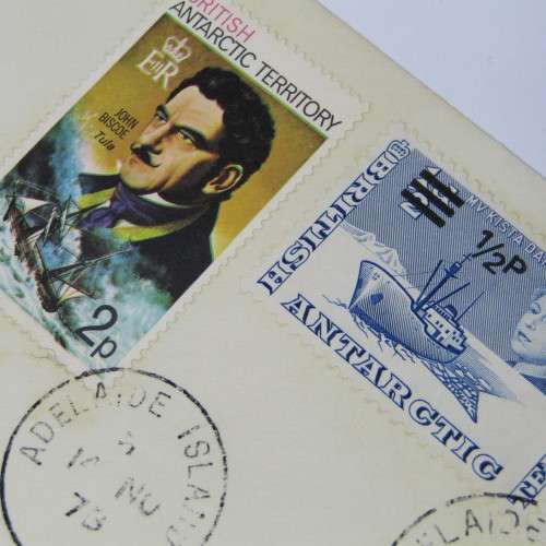 Antarctic Territory cover with  2 x 12 p overstamp and 2p stamp, used Adelaide Island to England