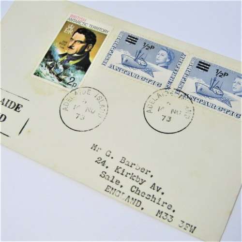Antarctic Territory cover with  2 x 12 p overstamp and 2p stamp, used Adelaide Island to England