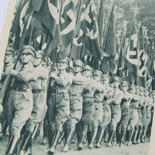 German Post card Showing troops with Hitler stamp on Post card