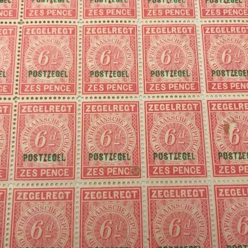 1895 ZAR Fiscal 6d overprinted Postzegel - part sheet 20 (PZ) in margin