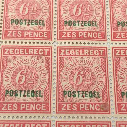 1895 ZAR Fiscal 6d overprinted Postzegel - part sheet 20 (PZ) in margin