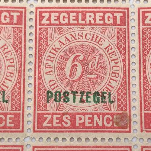 1895 ZAR Fiscal 6d overprinted Postzegel - part sheet 20 (PZ) in margin