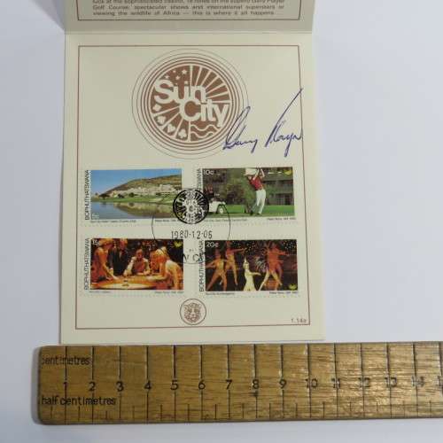 1980 Sun City Bophuthatswana stamp card signed by Gary Player
