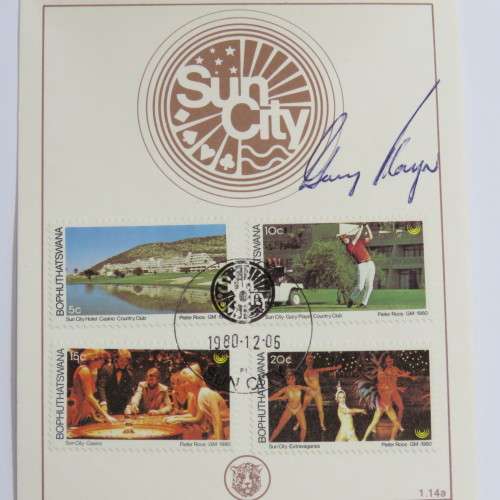 1980 Sun City Bophuthatswana stamp card signed by Gary Player
