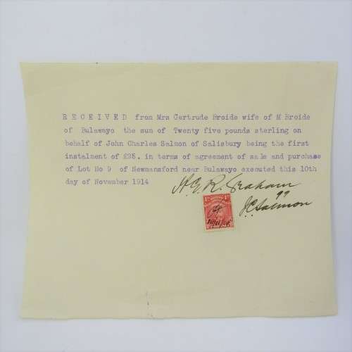 Rhodesia 1914 receipt for land bought near Bulawayo - rarely seen