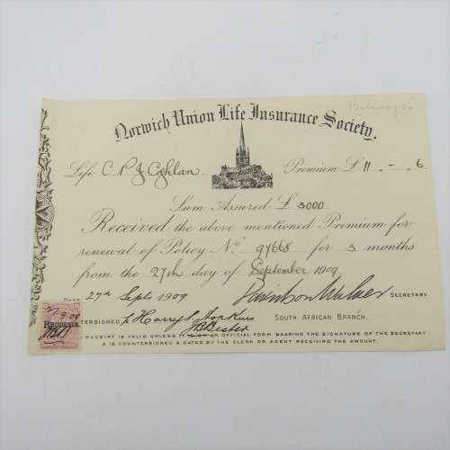 Receipt Norwick Union Life Insurance Society - premium of 11-0-6 paid on 3000 pound policy in 1909