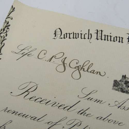 Receipt Norwick Union Life Insurance Society - premium of 11-0-6 paid on 3000 pound policy in 1909